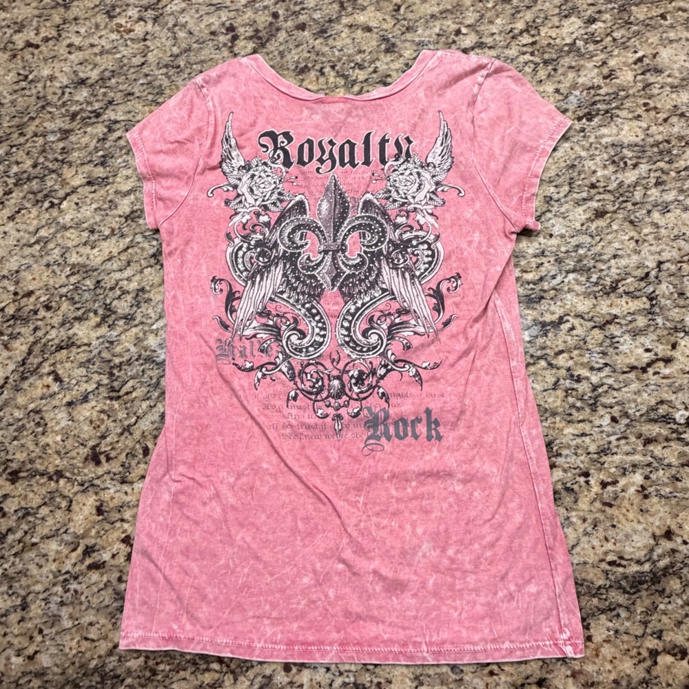 Love-J Pink Acid Wash Graphic Tee Royalty Rock Fleur-De-Lis XL ws